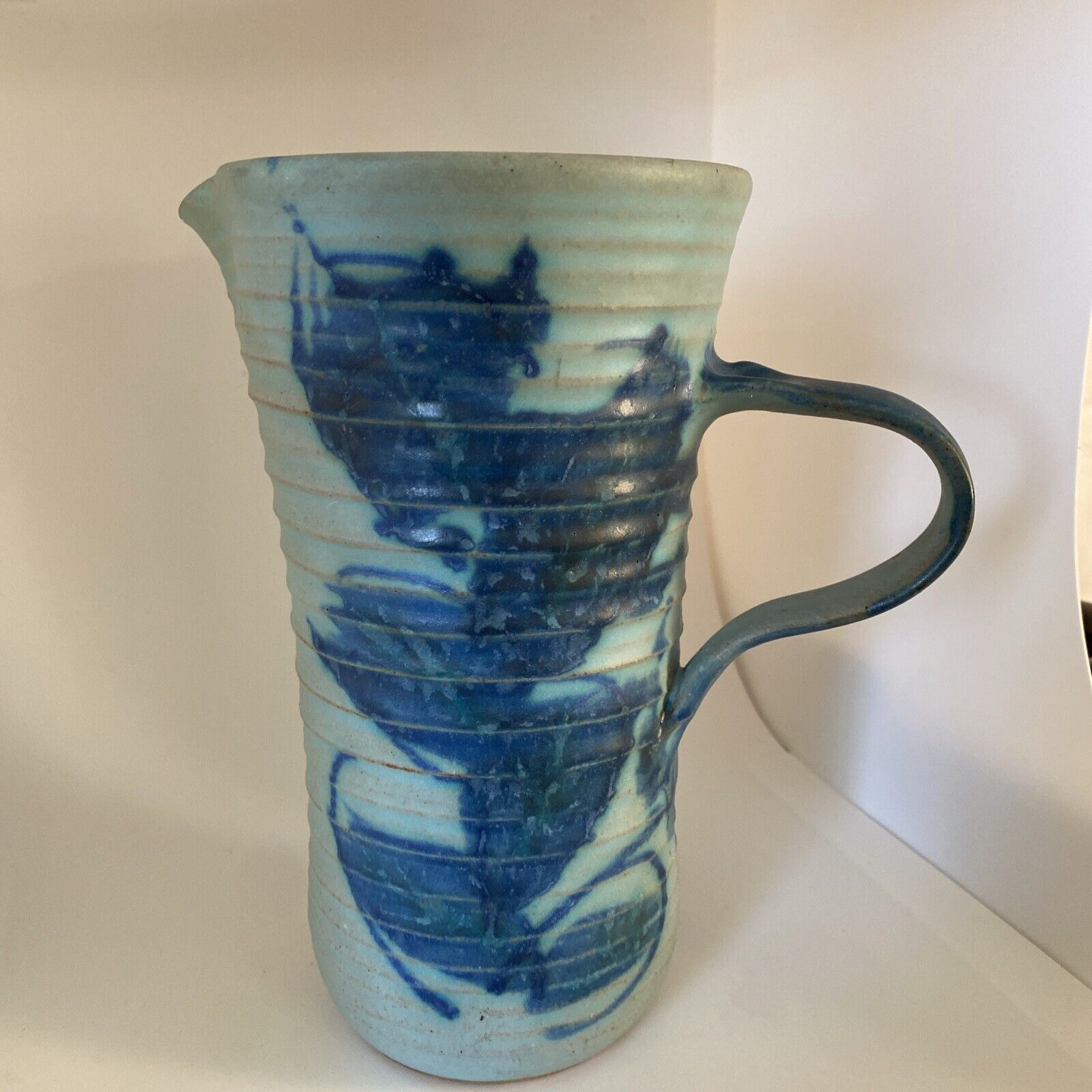 RARE- Signed JT Abernathy Blue Glaze Pottery 8.5” H 5.5” W Pitcher Perfect Cond