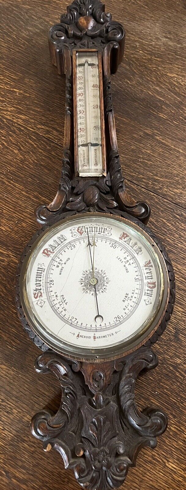 LARE Antique Victorian Carved Walnut Barometer Thermometer  Weather Station ASIS