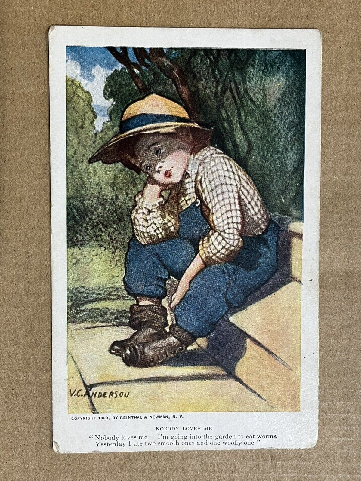 Postcard 1909 Artist Signed VC Anderson Nobody Loves Me Eat Worms Sad Boy Child