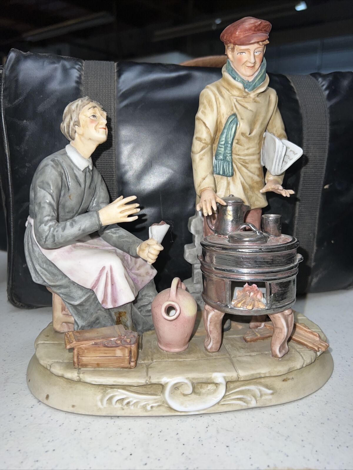 Vintage Antique Porcelain Bisque Figureine Decor Man and Woman By Fire 44/59
