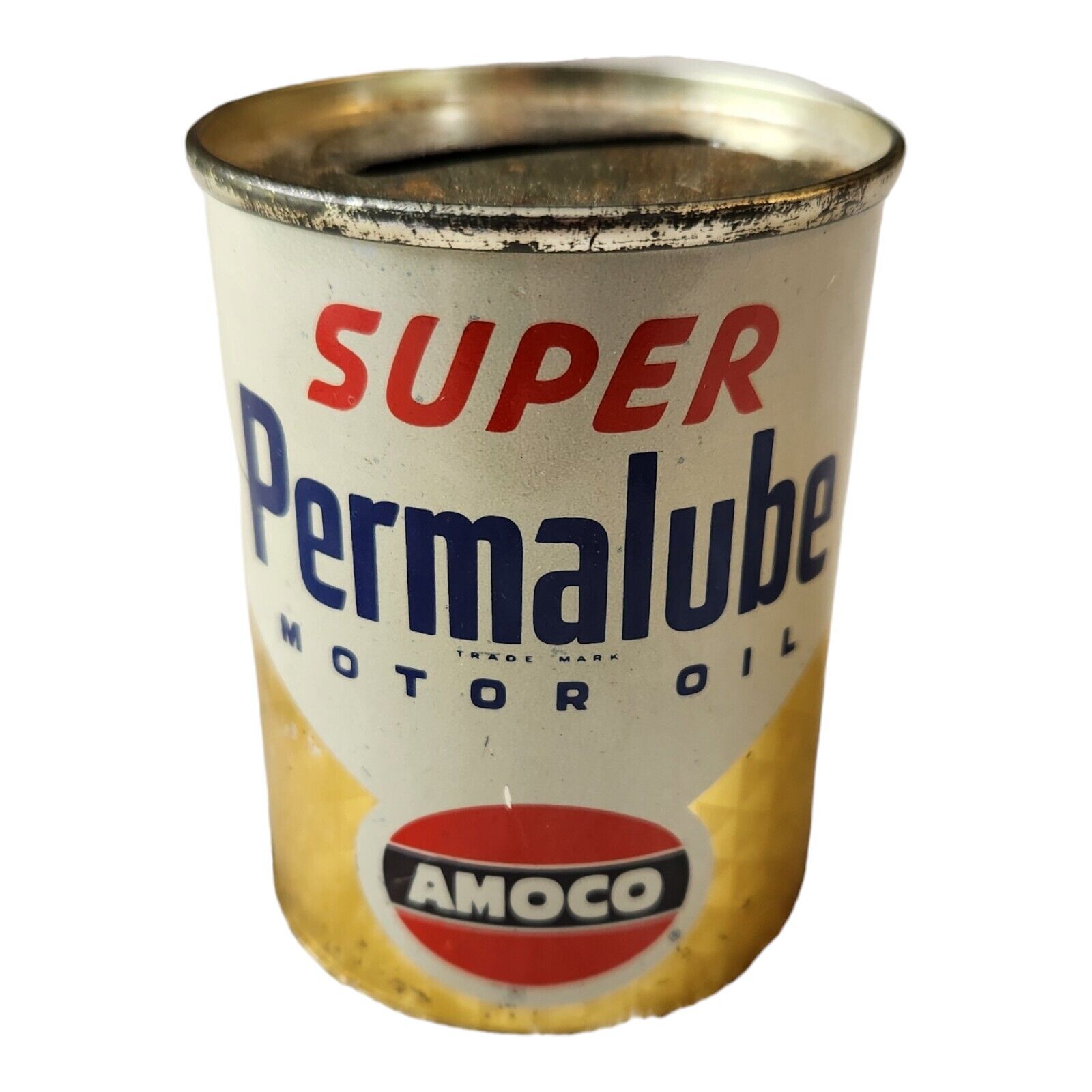 Vtg SUPER PERMALUBE Motor Oil AMOCO Advertising Tin Litho Penny Coin Bank Can