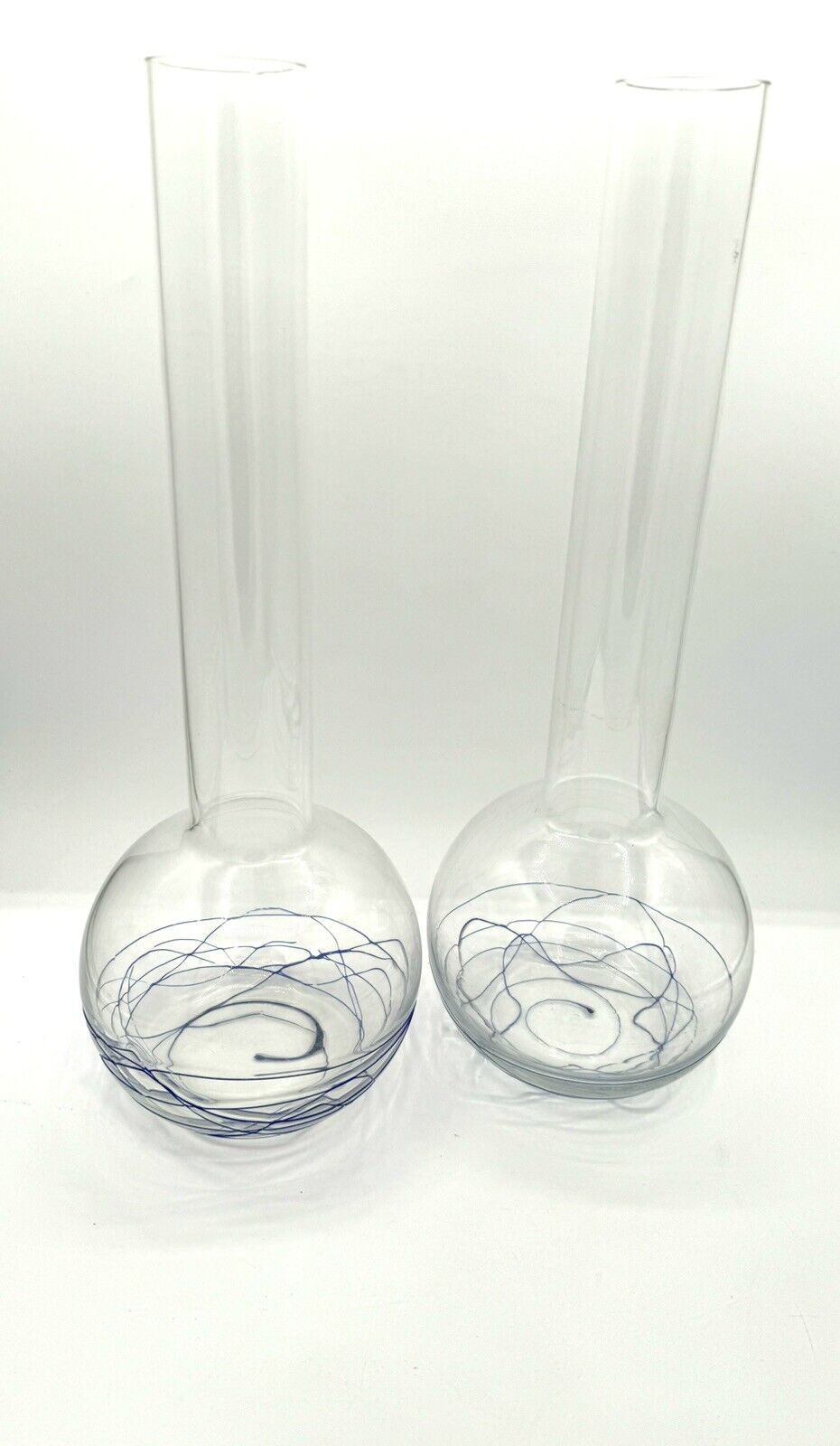Two Very Tall Clear Glass Vase, Long Neck, Blue Swirl
