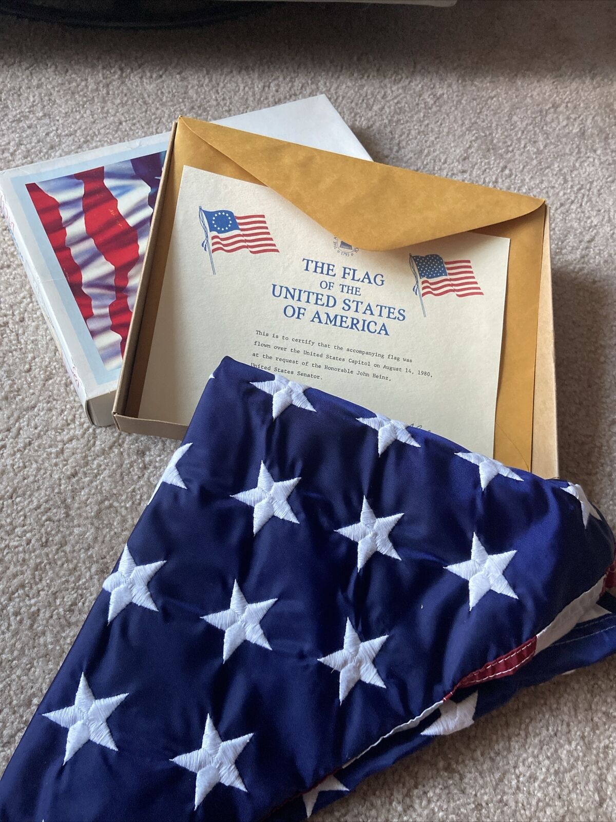 Vintage Valley Forge FLAG Flown Over Capitol 3\' x 5\' with Box Sen. John Heinz 80
