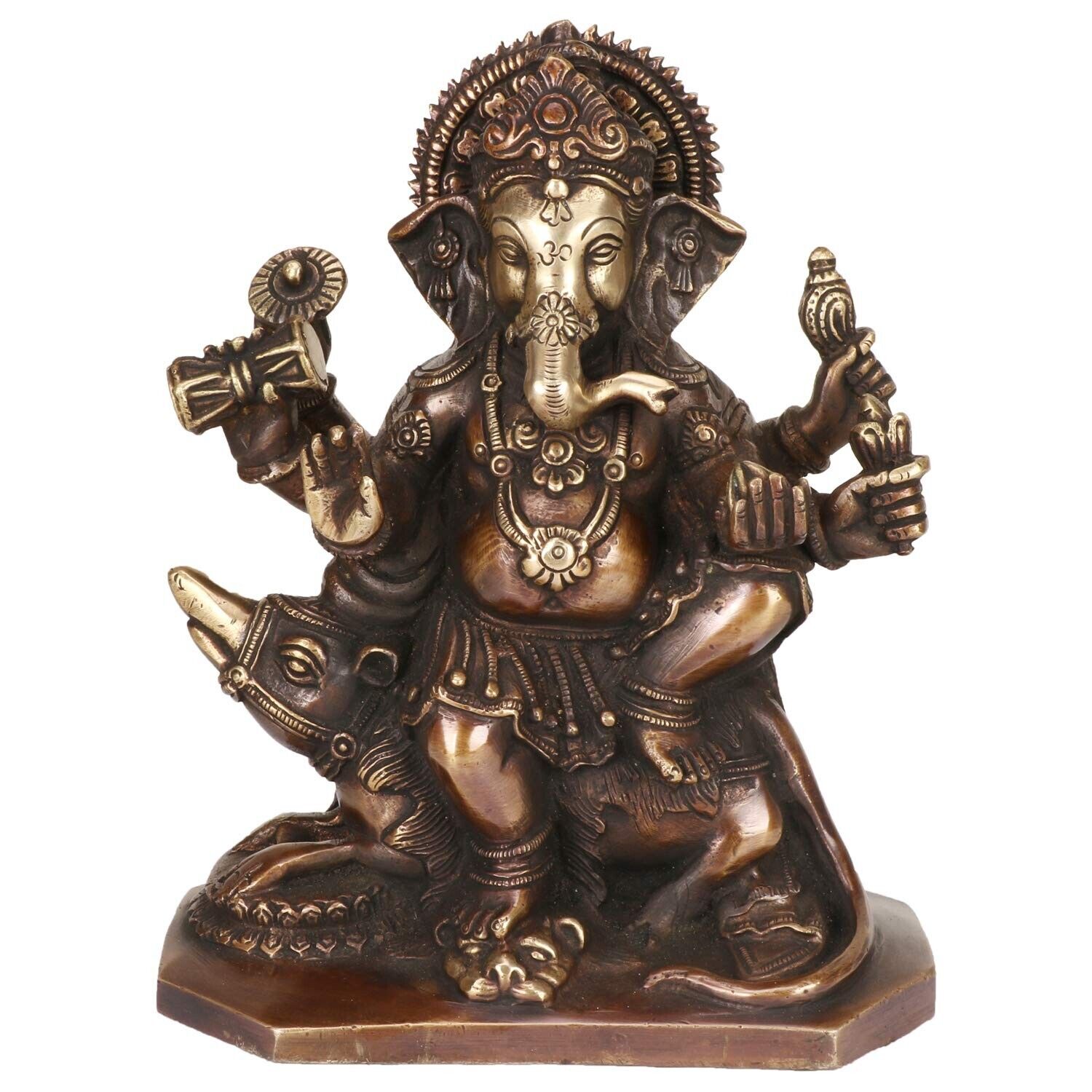 Brass Golden Finish Lord Ganesha Idol Sitting on Mooshak sawari (8 Inch)