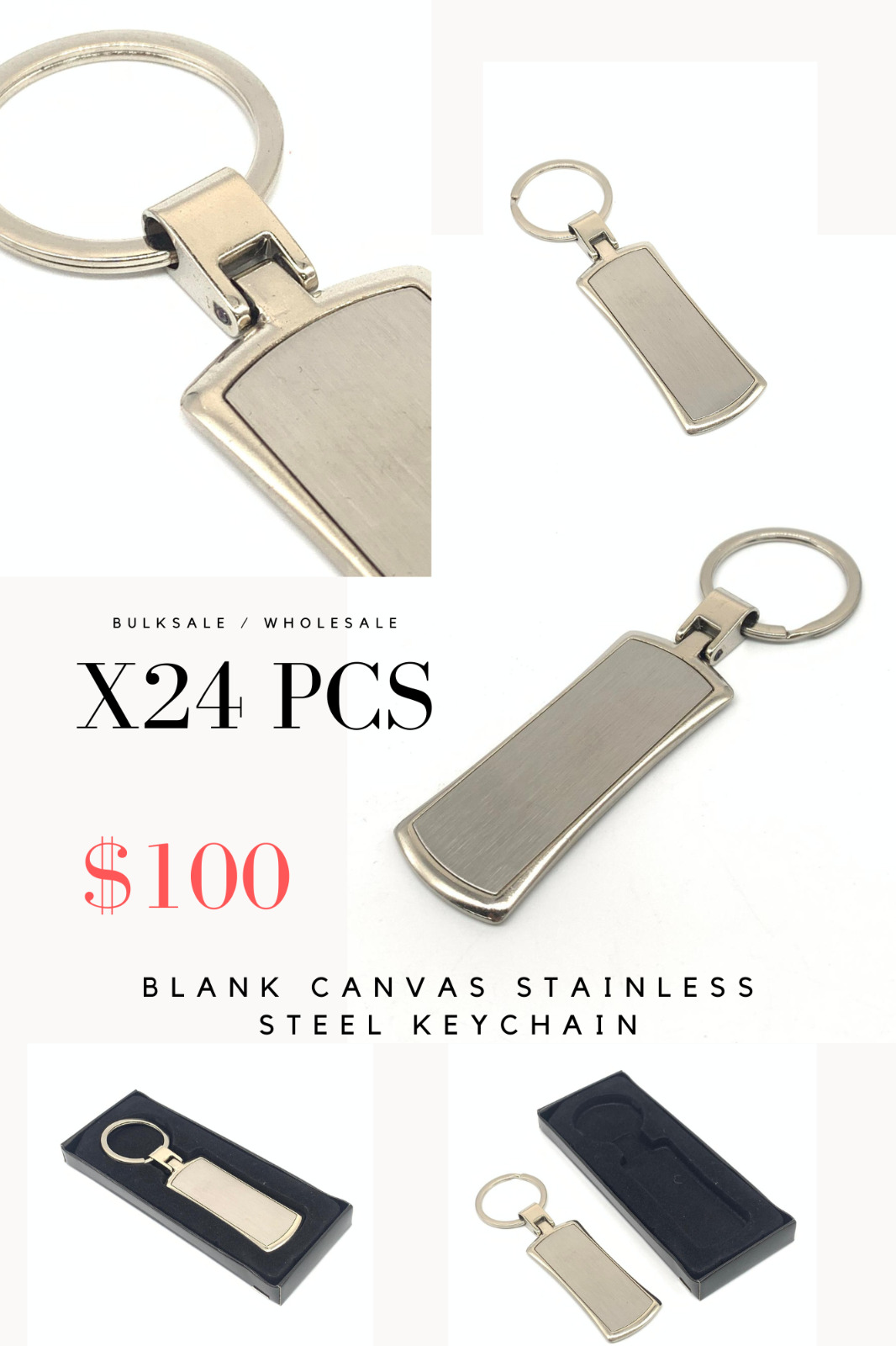 keychain Stainless steel Engravable long square blank canvas key finder x24pcs