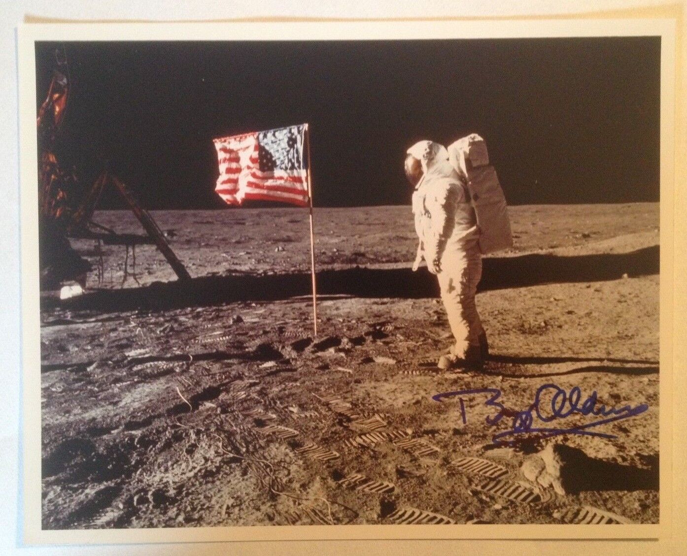 Astronaut Buzz Aldrin Autographed Photograph on the Moon with Flag (Apollo 11)