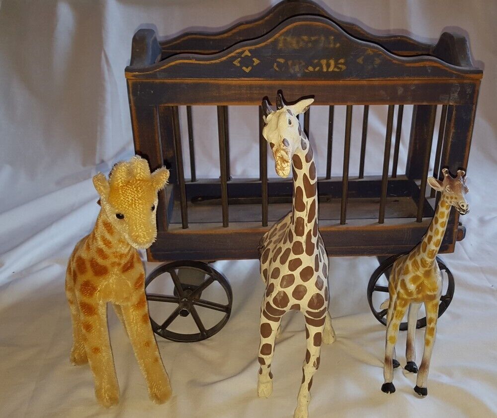 SET Antique Royal Circus Cage Wagon 14in + Vintage Steiff Giraffe + 2 Giraffes