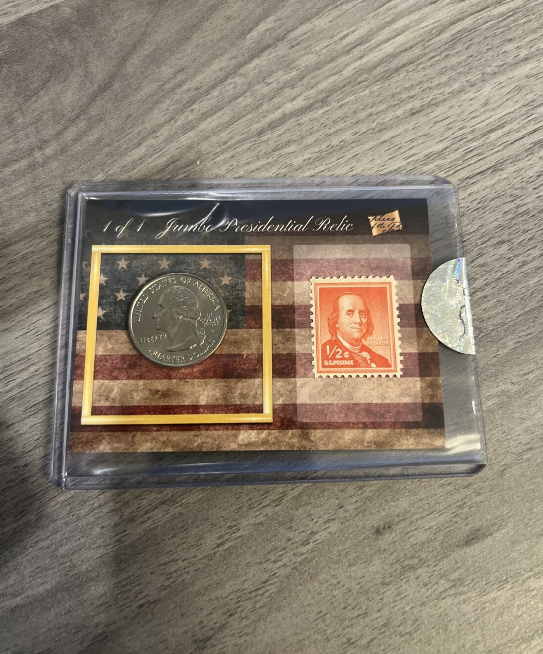 PIECES OF THE PAST BEN FRANKLIN 1/1 Quarter and Stamp Relic Stars/stripes Insert