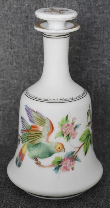 LOVELY VICTORIAN ERA PARROT AND FLORAL MOTIF MILK GLASS COLOGNE PERFUME DECANTER