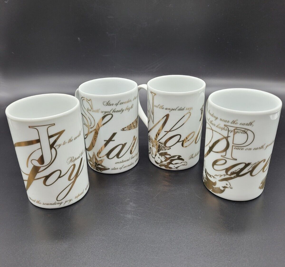  Christmas Mugs Prejecting 2500  LTD Gold & White set Of 4 Vintage