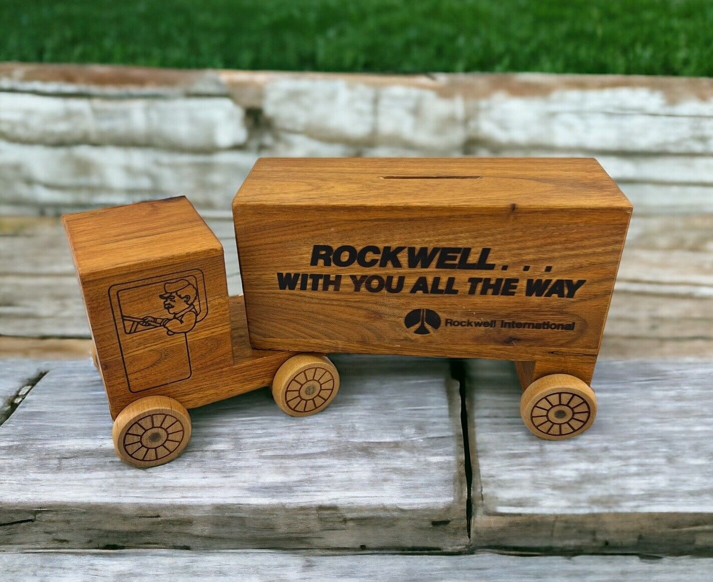 Wooden Semi Tractor Trailer Truck Piggy Toy Coin Bank Rockwell  International