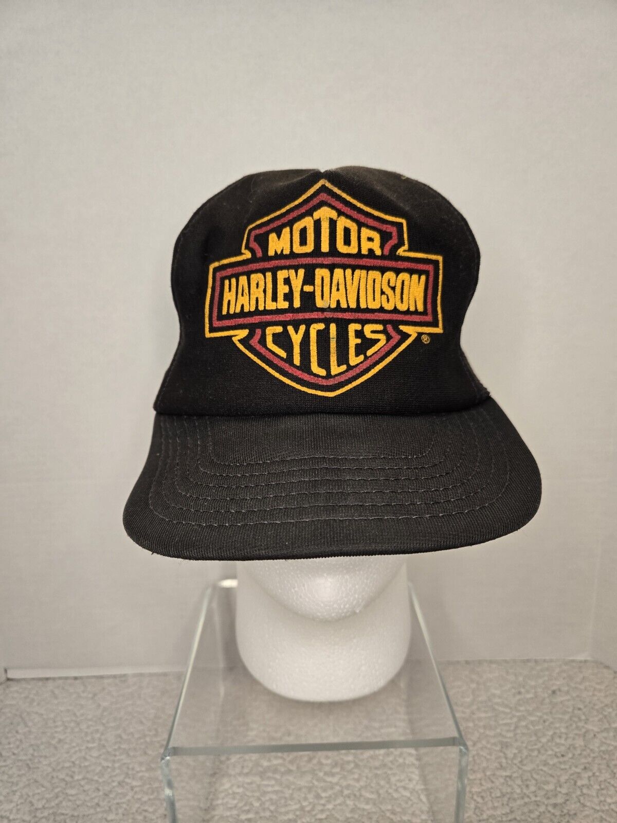 Harley-Davidson Motorcycles Trucker Hat VTG Black Snapback Bent Brim Fair Cond