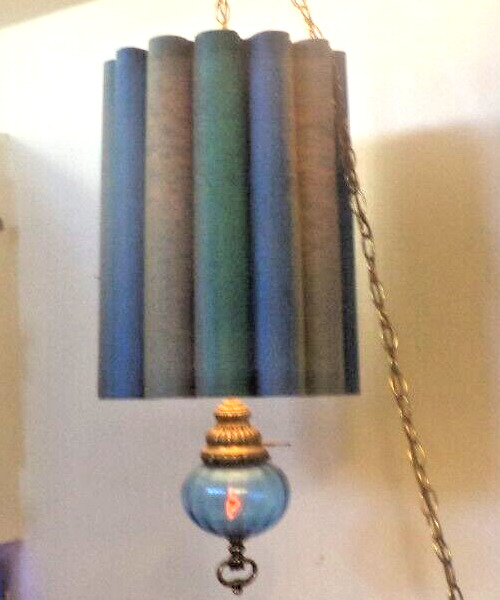 Beautiful Blue MCM Swag Lamp with  Lighted Ruffeled Fabric Shade & Flamimg Globe