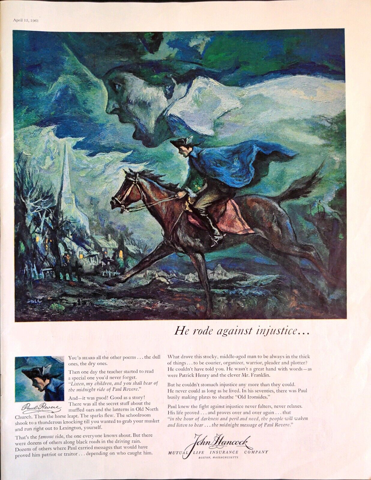 1961 John Hancock Life Insurance Paul Revere\'s Midnight Ride Print Ad