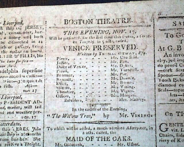 EDGAR ALLAN POE Father & Mother Boston Theater Play Notice Ad 1806 old Newspaper