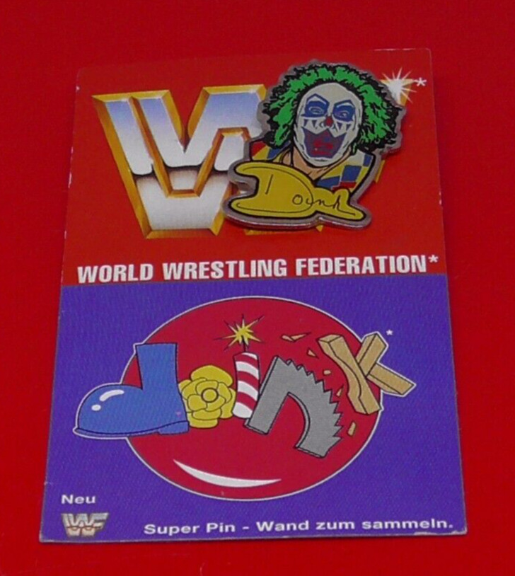 WWF World Wrestling Federation Titan Sports Doink Clown SMALL Badge on Worn Card