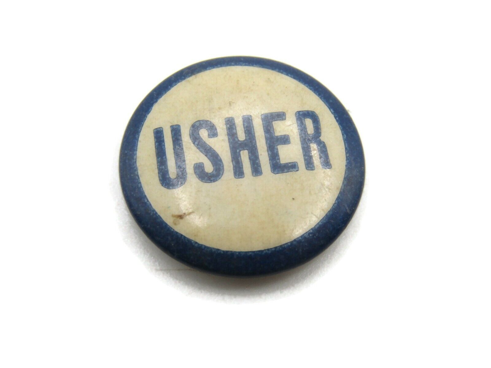 Usher Lettered Button Blue & White Missing Backing
