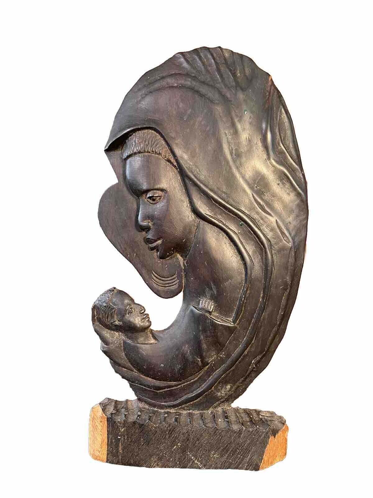 Rare Mid Century Madonna Holding Child Wood Sculpture Figure 1950