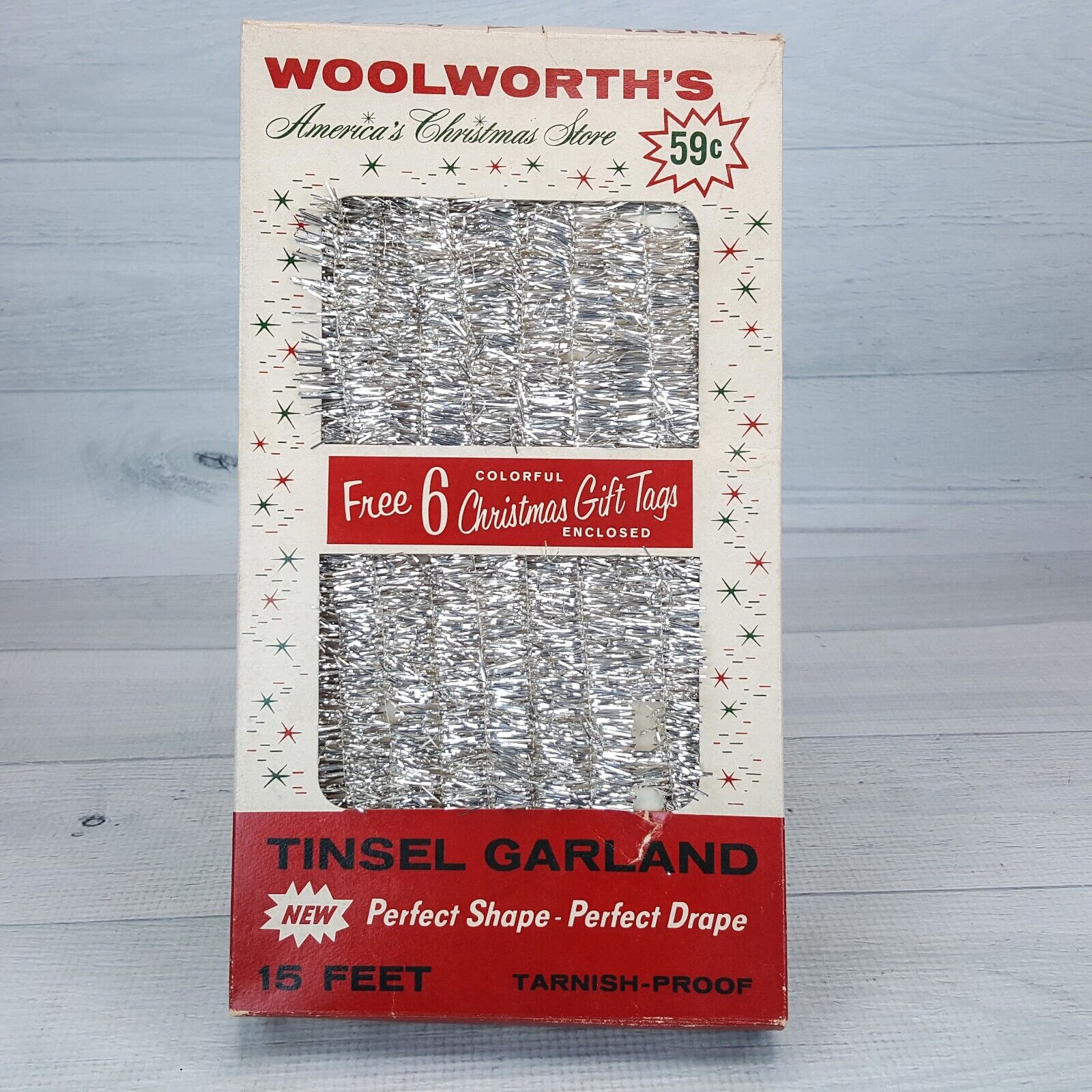 Vintage Woolworth's Silver Tinsel Garland 15ft in Box NOS w Gift Tags USA