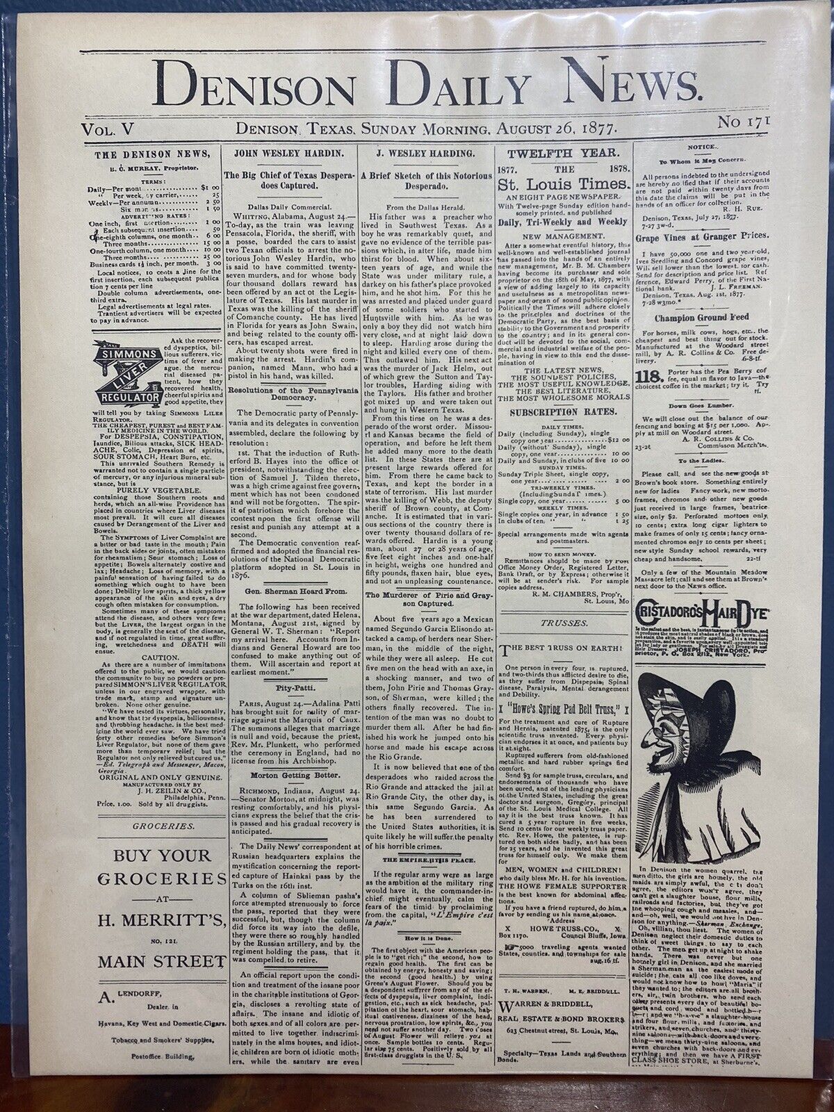 VINTAGE NEWSPAPER HEADLINE ~ JOHN WESLEY HARDIN ARRESTED 27 MURDERS TEXAS 1877