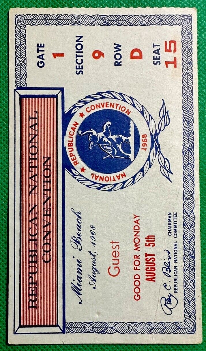 1968 Republican National Convention Miami Beach Fl August 5th Guest Ticket VGEX+