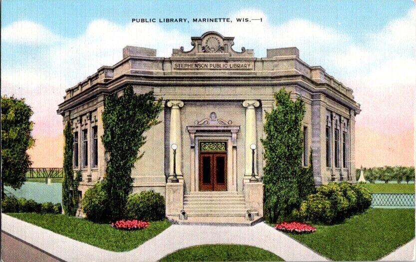 Vintage Postcard Stephenson Public Library Marinette WI Wisconsin          E-669