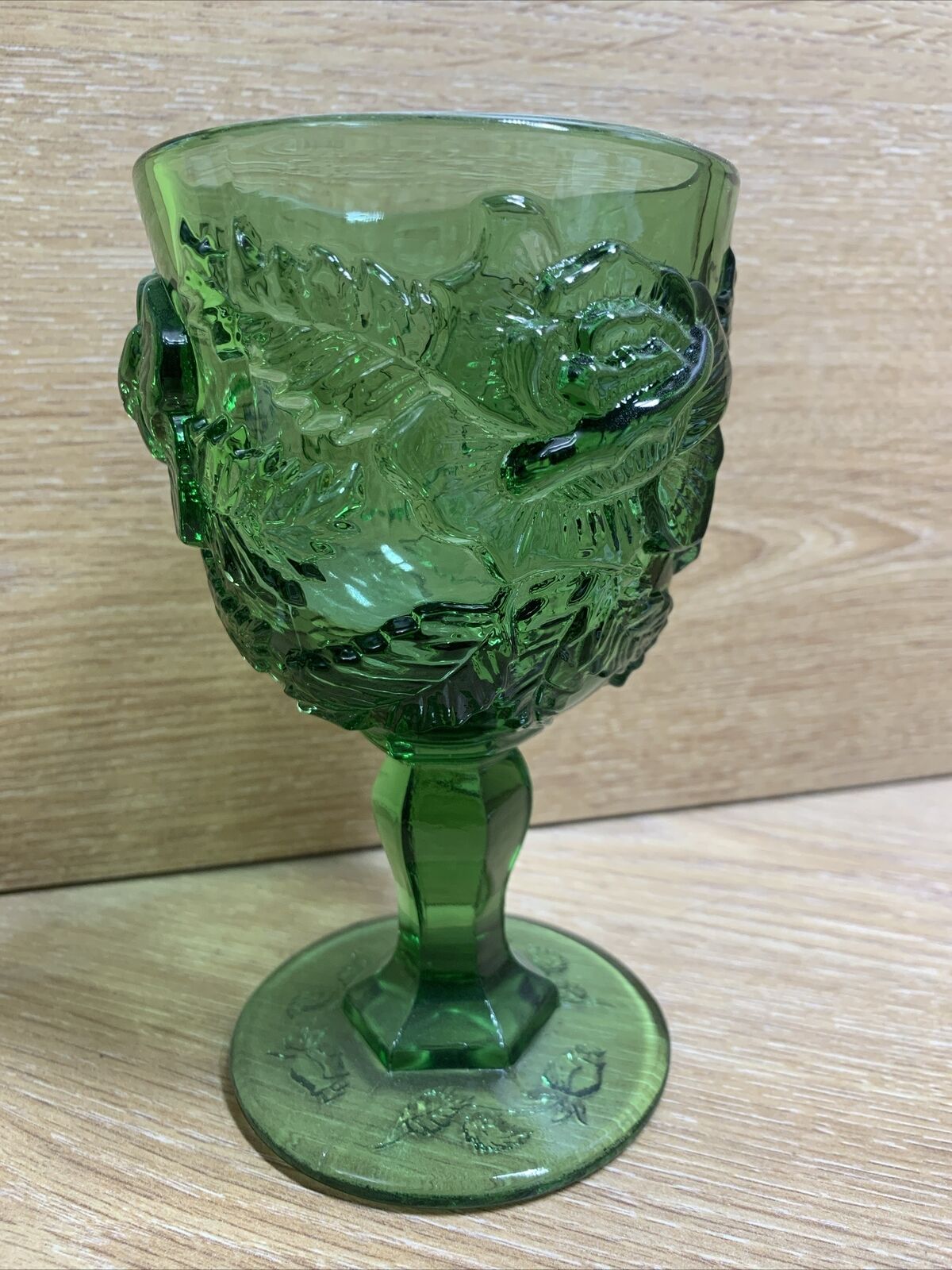 Vintage Madonna Inn Lite Green Fenton Wild Rose Glass Water Goblet