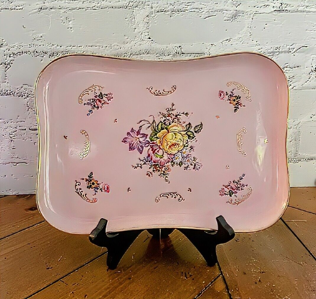 Vintage French Porcelain H.B. Limoges Pink And Floral Vanity Tray