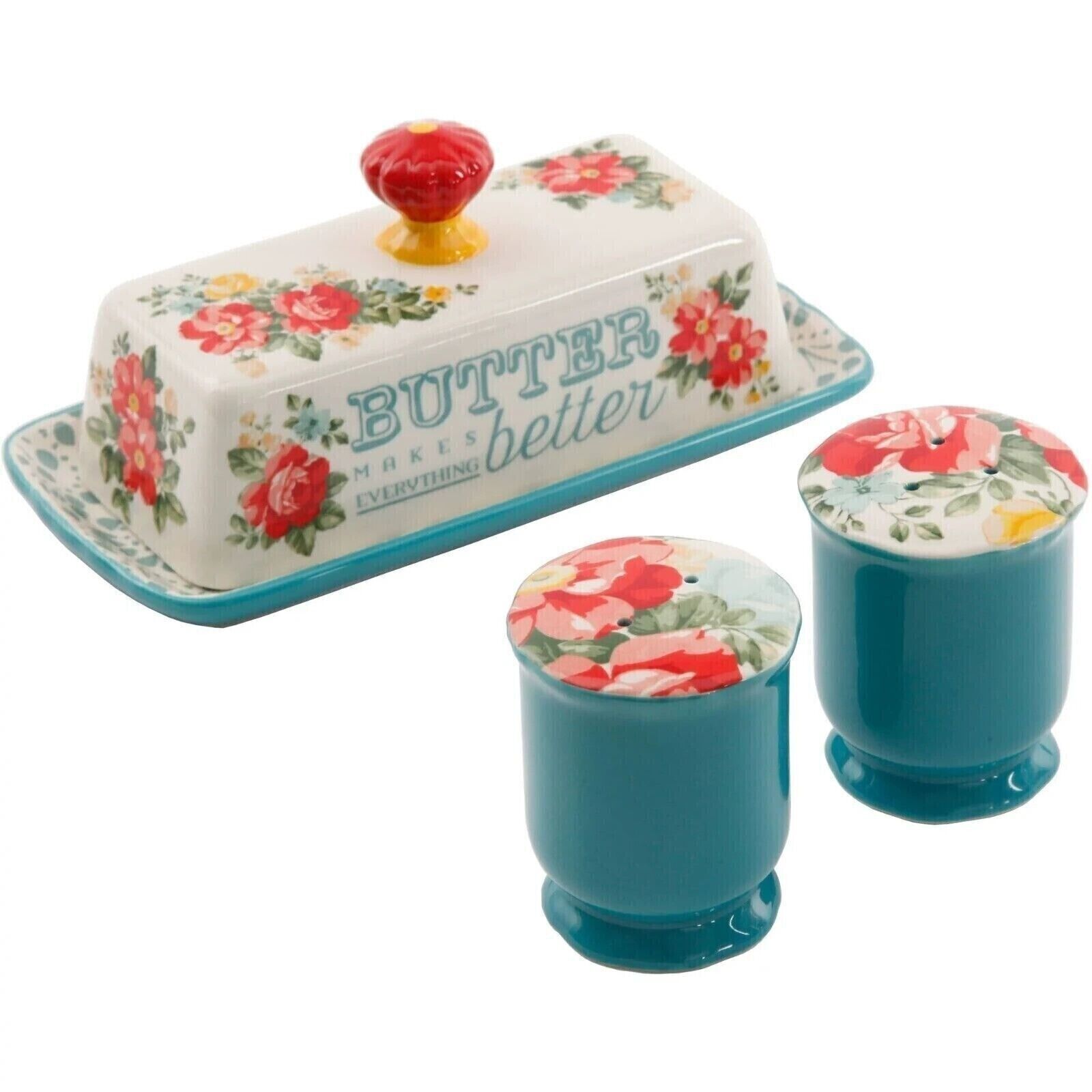 Pioneer Woman Vintage Floral Lidded Butter Dish Salt Pepper Shakers Stoneware