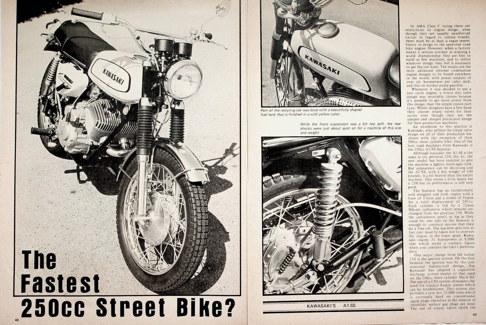 1970 Kawasaki Samurai 250 Street Bike A1-SS - 4-Page Vintage Motorcycle Article