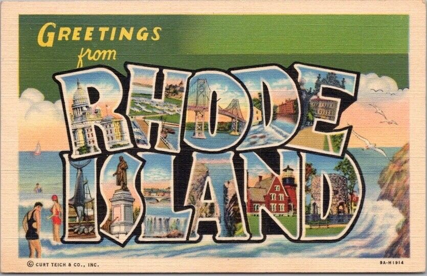 Vintage 1939 RHODE ISLAND Large Letter Postcard Multi-View Curteich Linen UNUSED