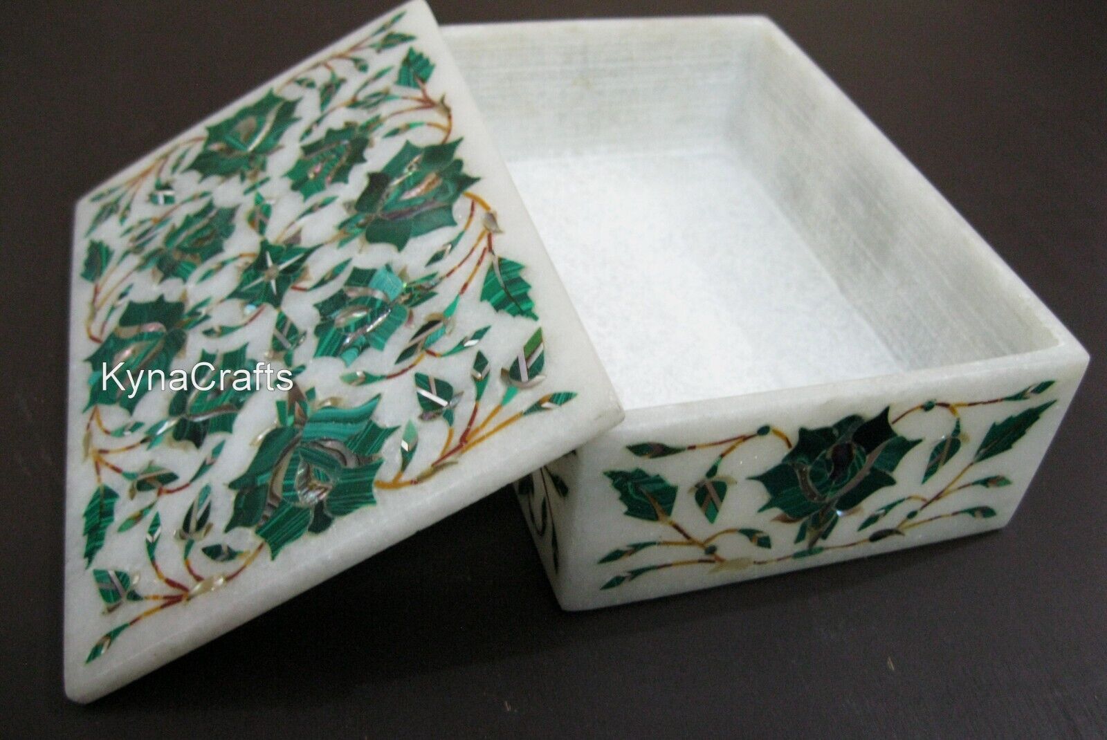 6 x 4 Inches White Marble Jewelry Box Malachite Stone Inlay Work Decorative Box