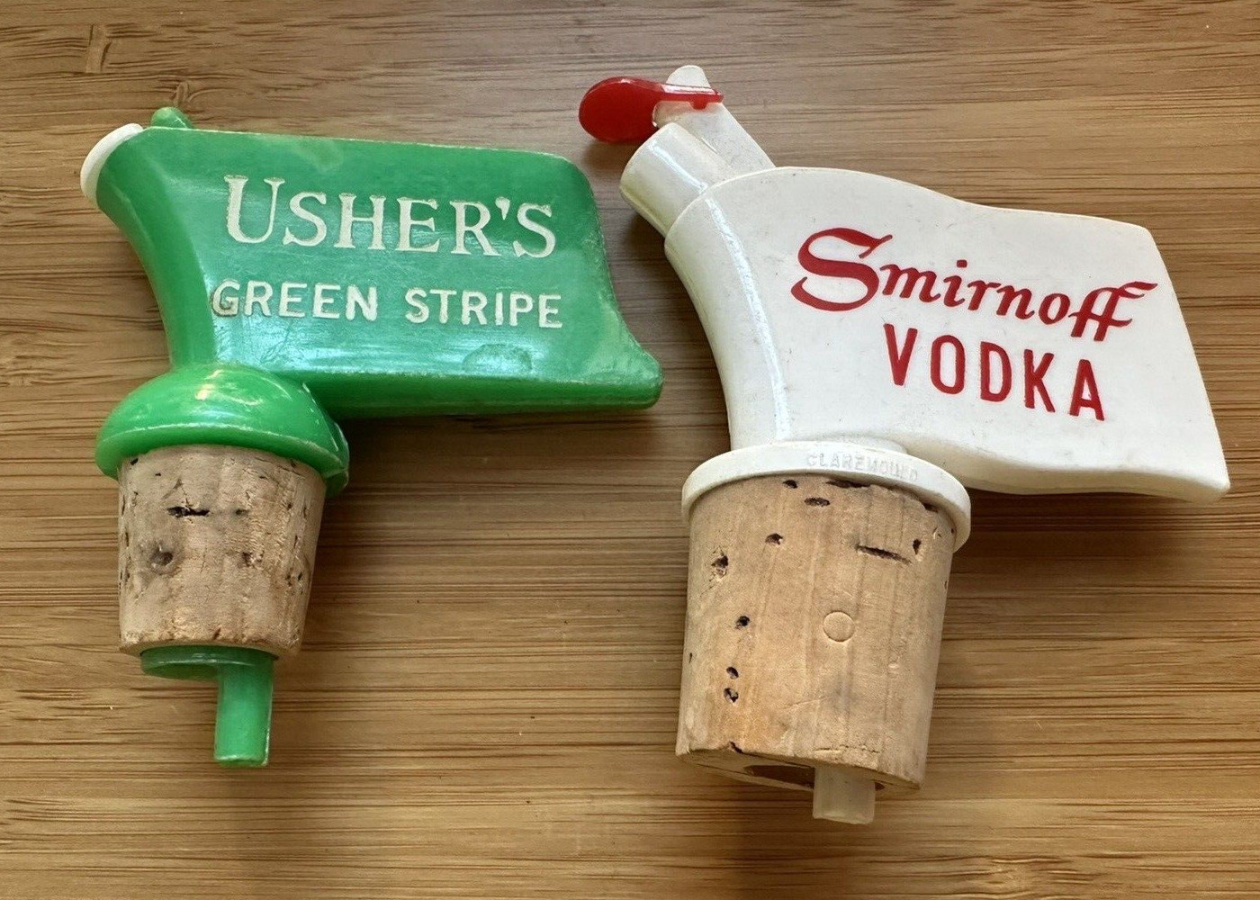 LOT OF 2 Smirnoff Vodka & USHERS GREEN STRIPE Advertising Pourer Spout Stoppers