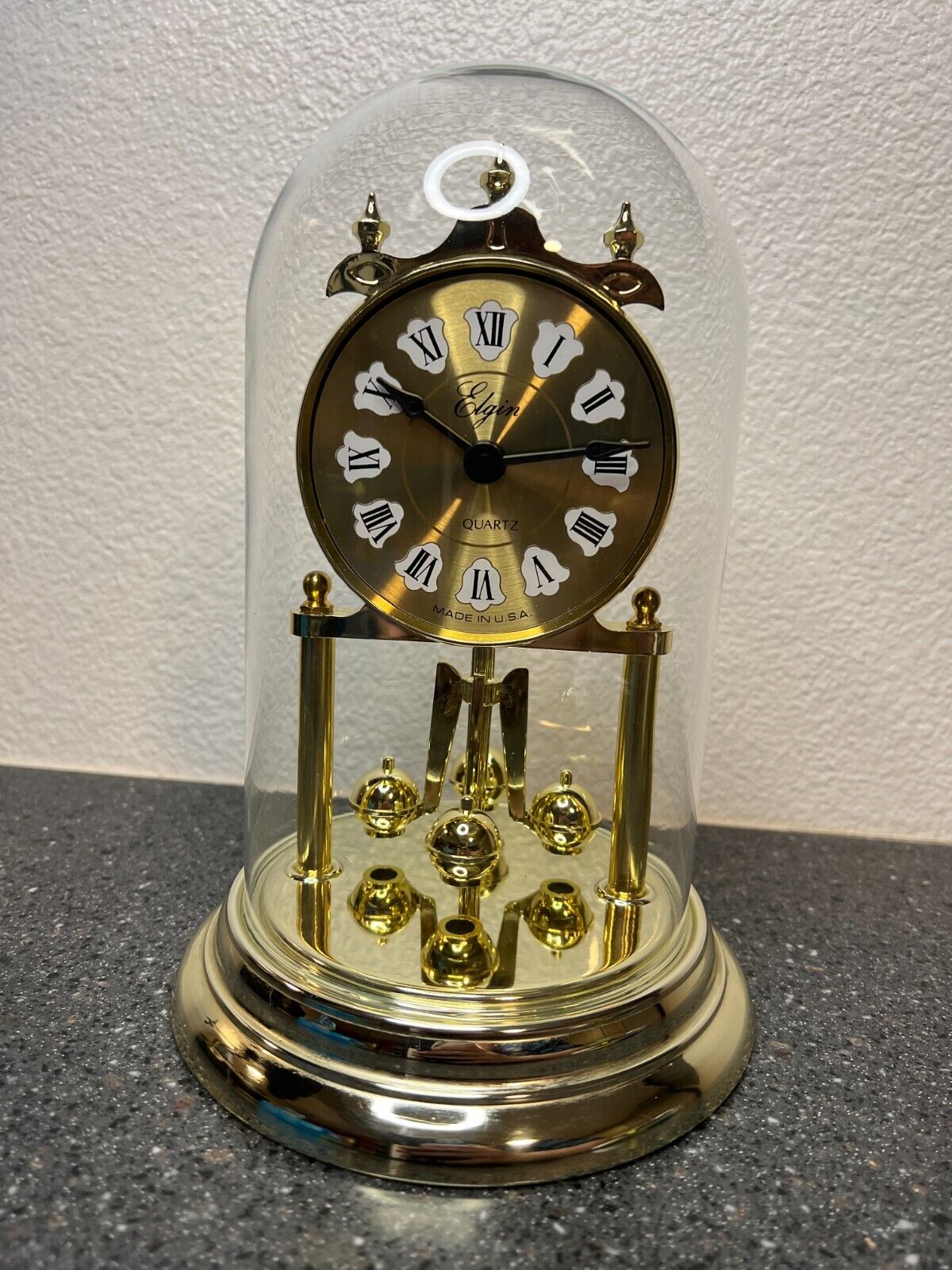 Elgin USA Quartz Desk Mantel Glass Dome Clock w Rotating Pendulum - Vintage Gold