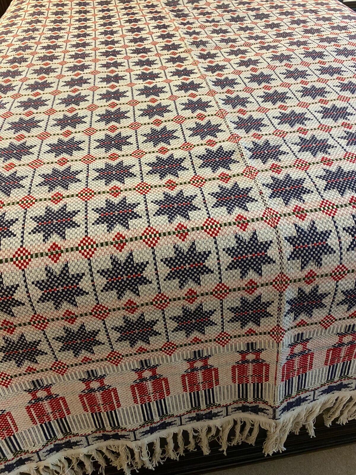Very Nice Vintage Woven Coverlet Navy/Red Color 98