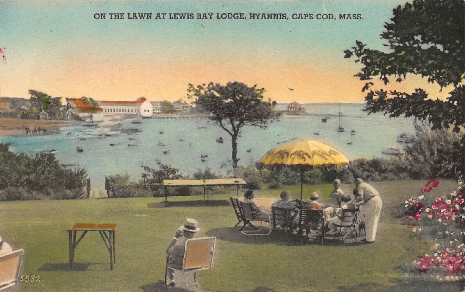 The Lawn at Lewis Bay Lodge, Hyannis, Cape Cod, MA., Early Hand Colored Postcard