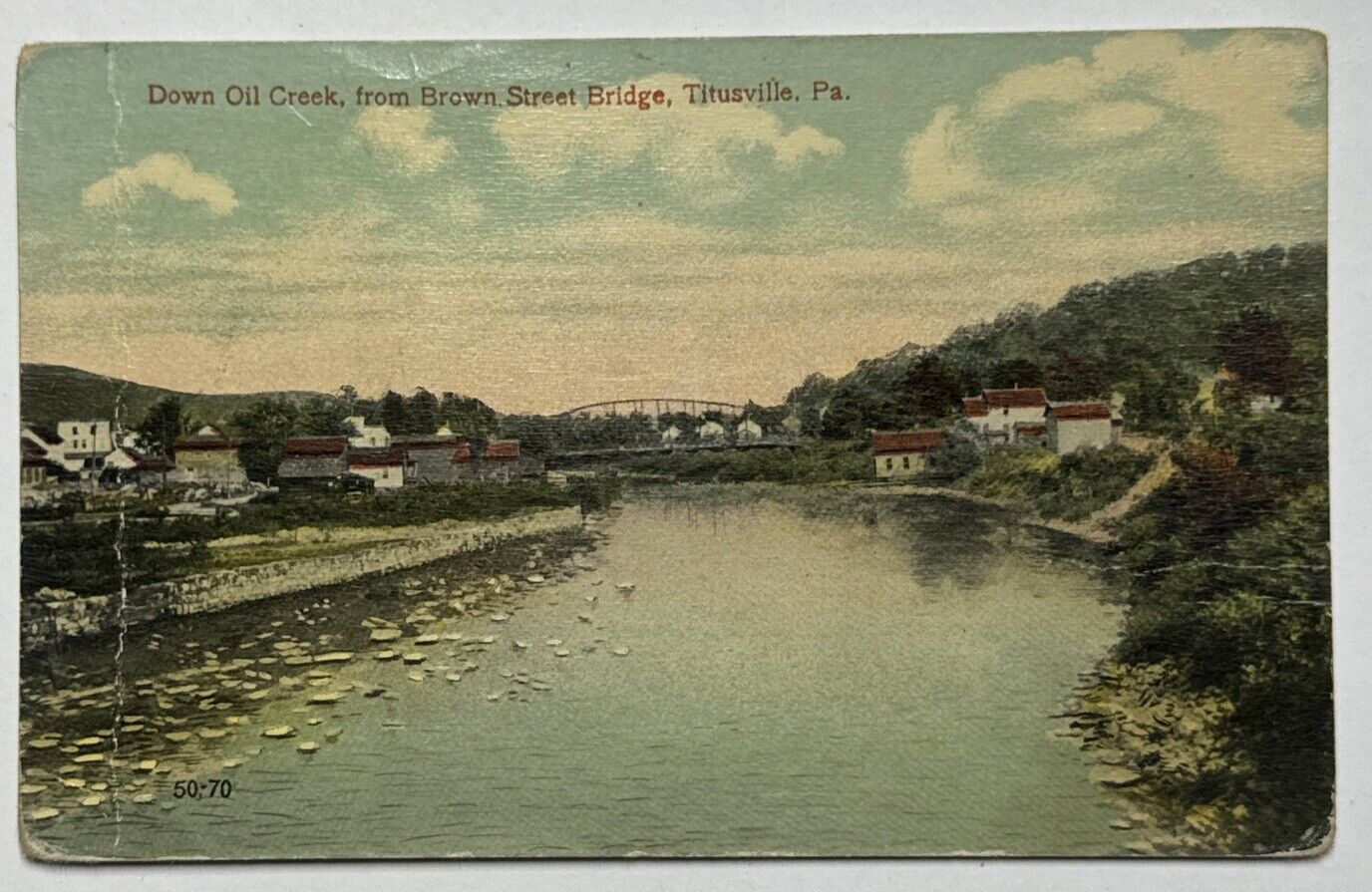 Vintage Postcard, Titusville Pennsylvania, Down Oil Creek from Brown St Bridge