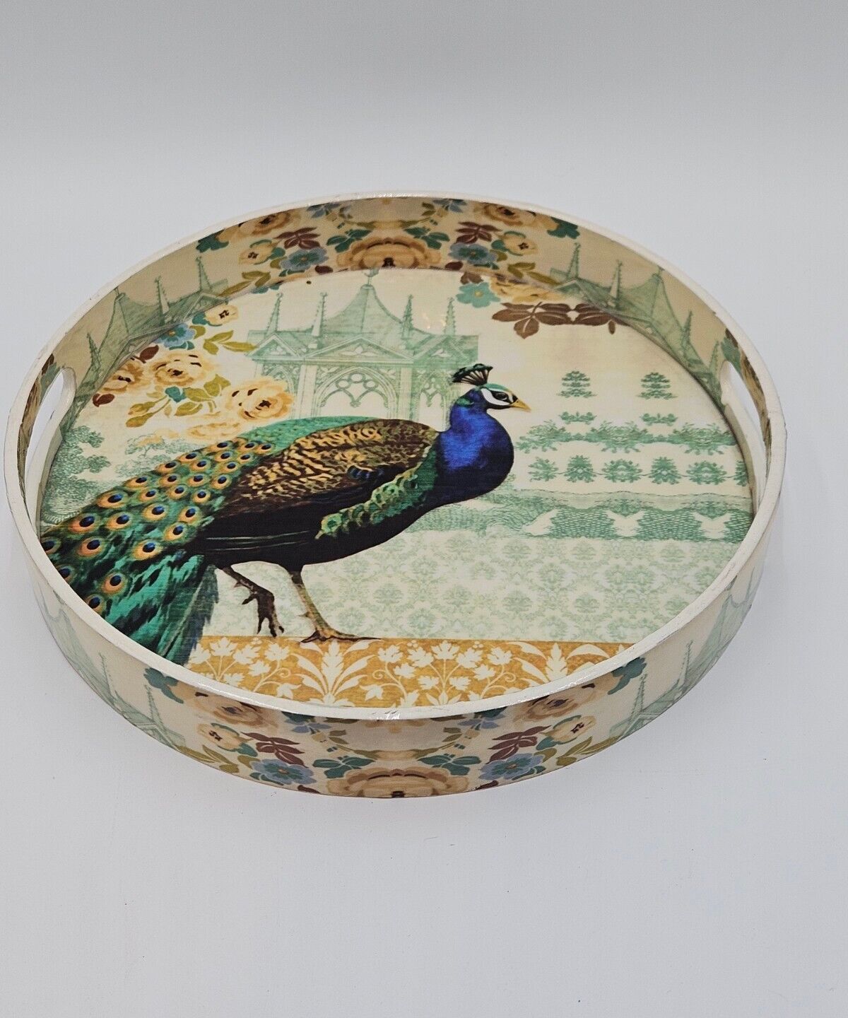 Vintage Circular Plastic Tray With Peacock And Handles Cookies Tea Serving 12 In