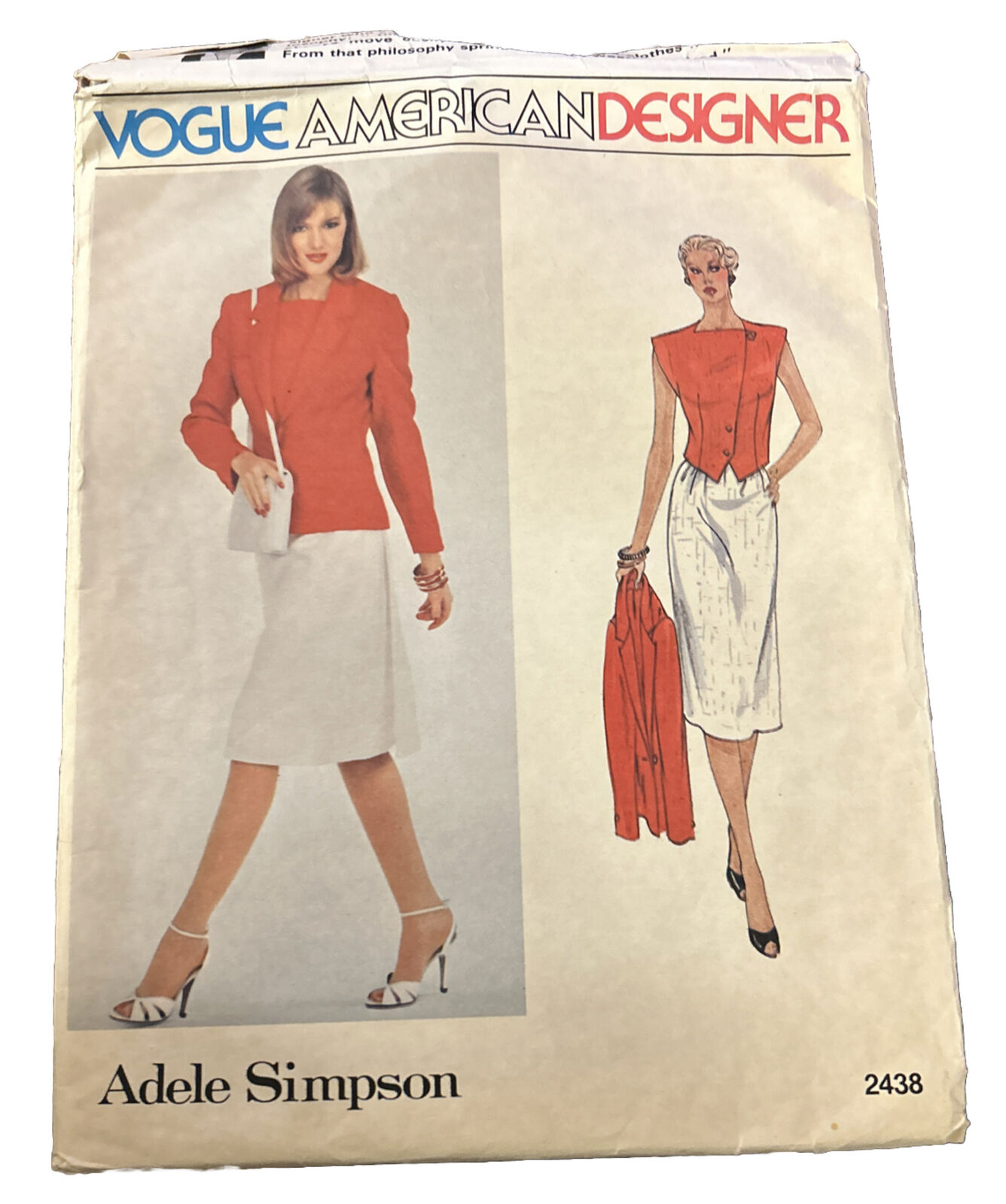 VOGUE 2438 American Designer ADELE SIMPSON Vtg 80s Jacket Vest Skirt Sz 8 UNCUT