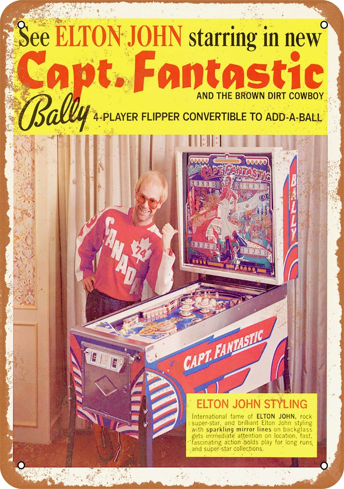 Metal Sign - 1976 Elton John for Bally Pinball Machines - Vintage Look