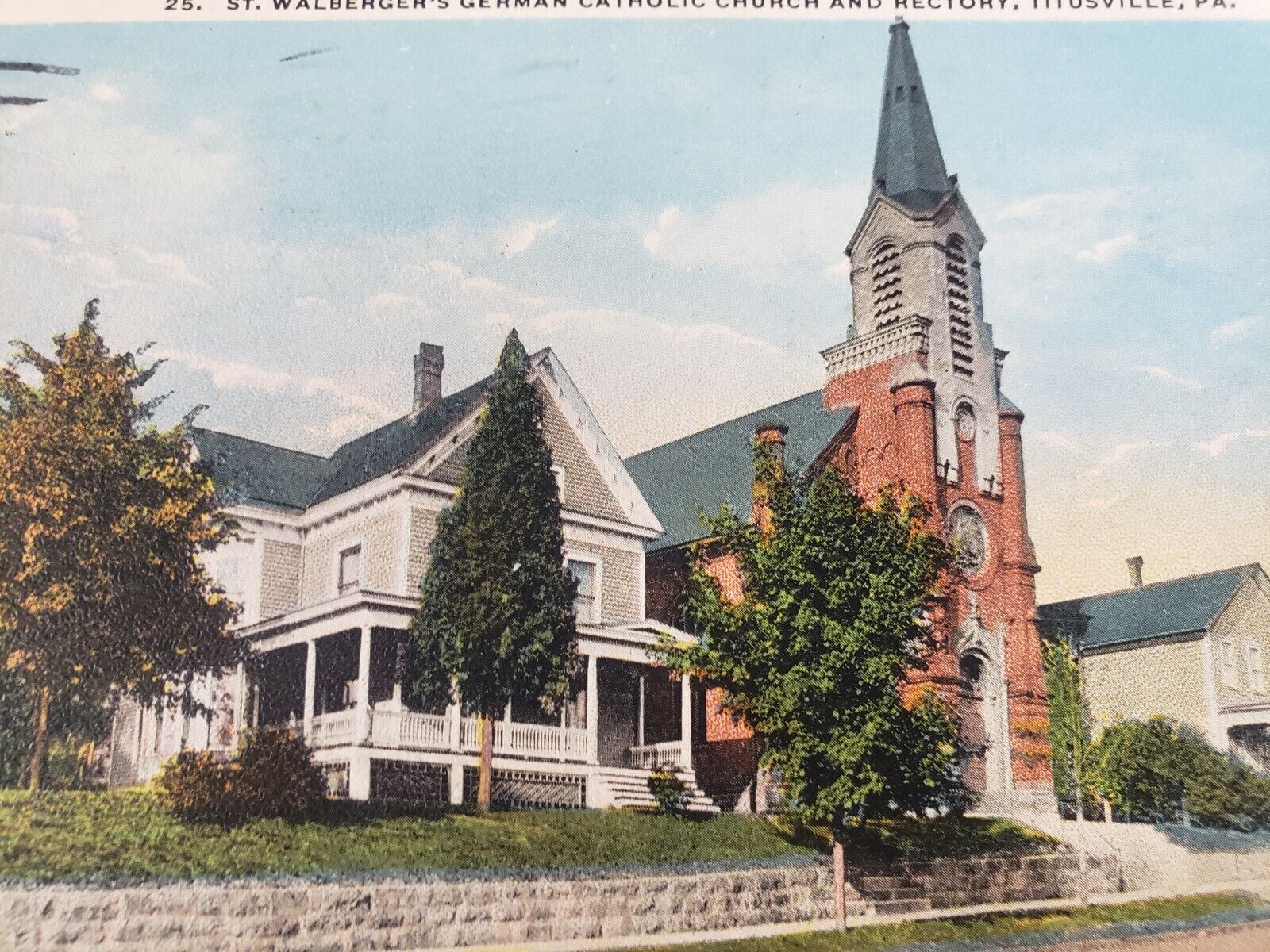 C 1929 St Walbergers German Catholic Church & Rectory Titusville PA Postcard