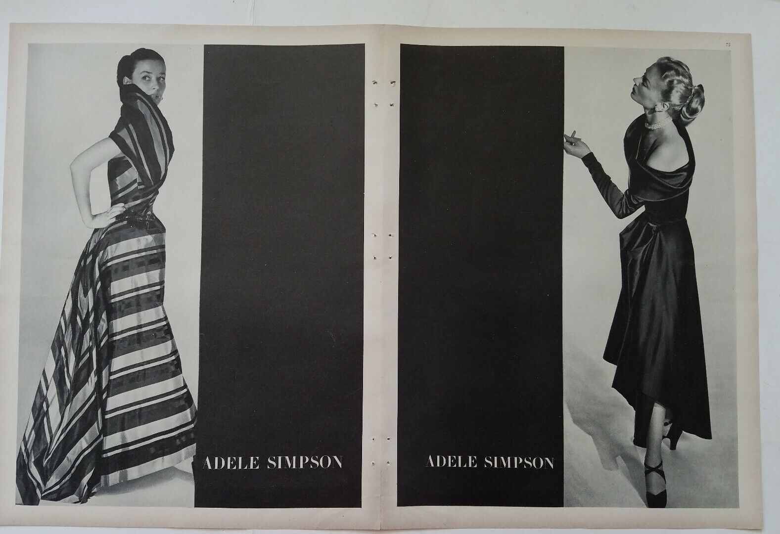 1949 Adele Simpson women\'s evening gown dresses vintage fashion two-page ad