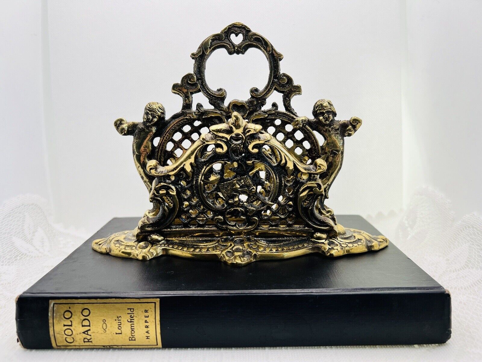Desk Letter Holder Vintage Ornate Cast Brass Victorian Style Cherubs Heart Japan