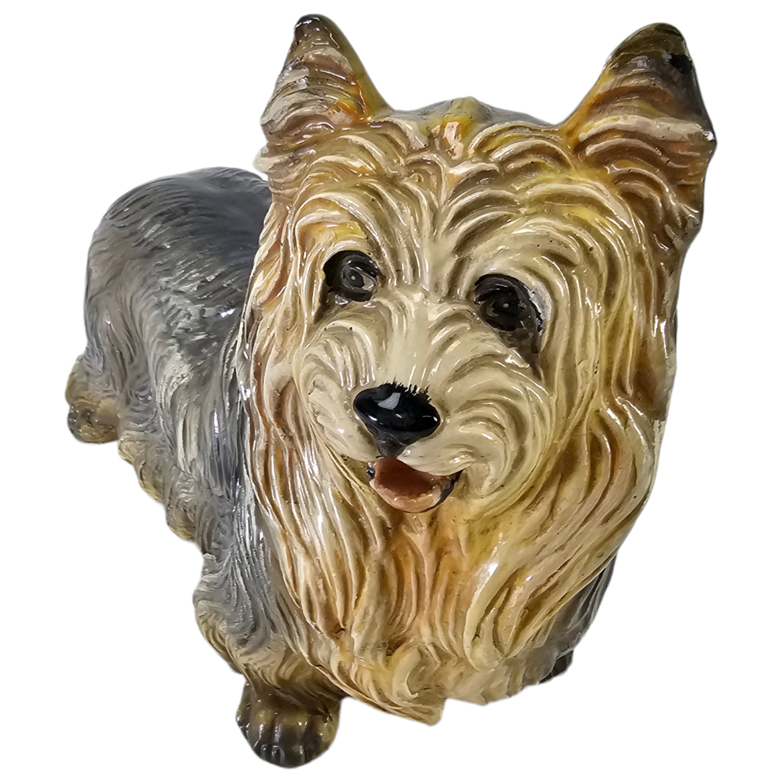 Antique Fabulous Clay Yorkshire Terrier Dog Gray Figurine Statue English Orig.