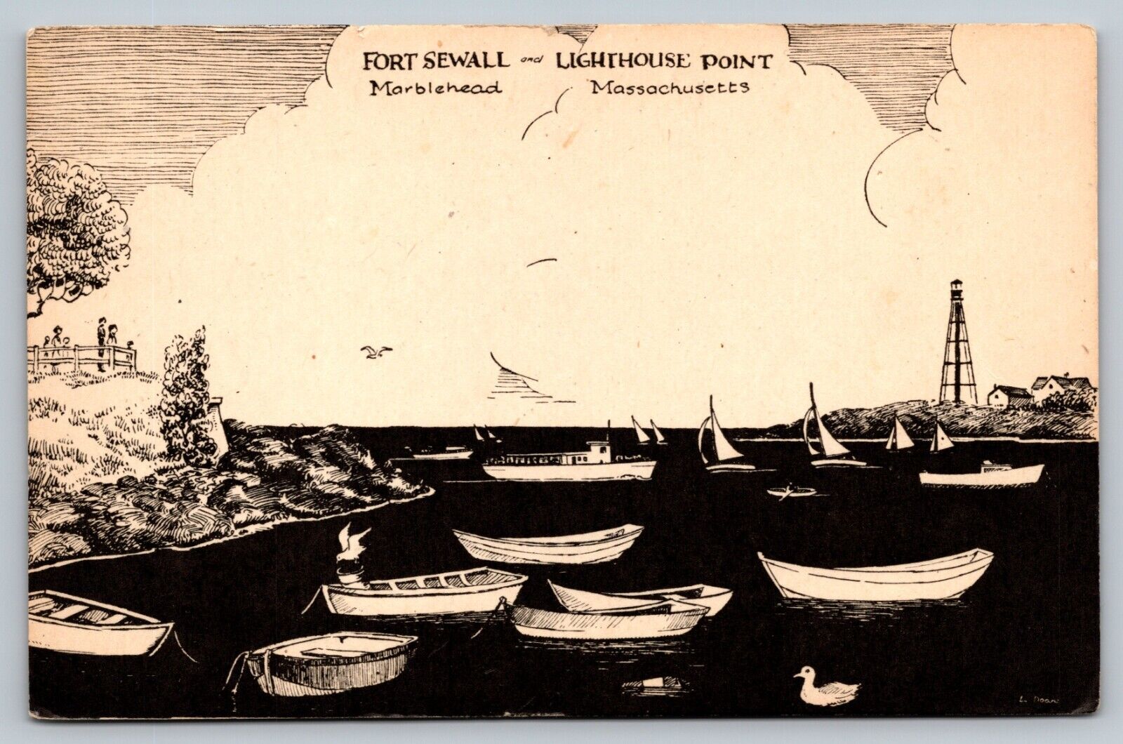 Vintage Marblehead, MA Postcard Artist Rendering Fort Sewall Lighthouse Point 