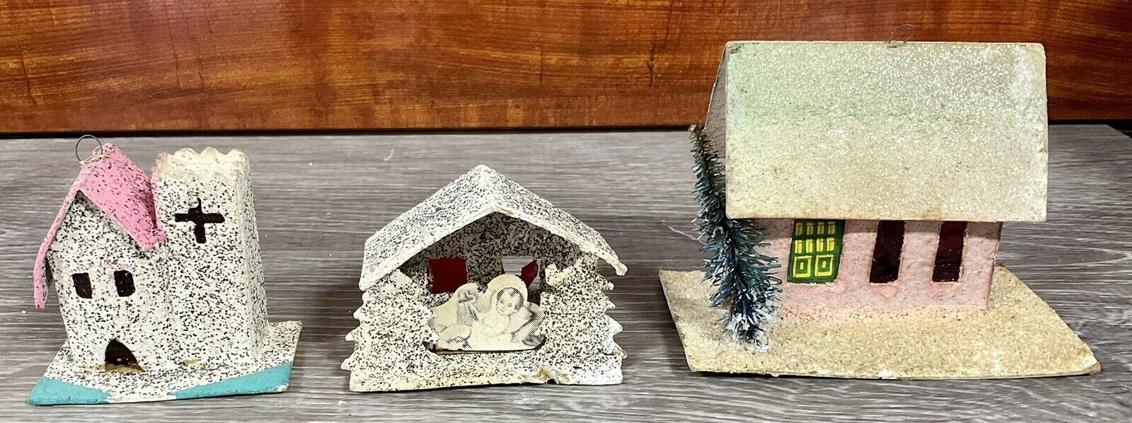 Vintage 1950s Cardboard Christmas Putz Houses Japan Lot Of 3-Church,Manger,House