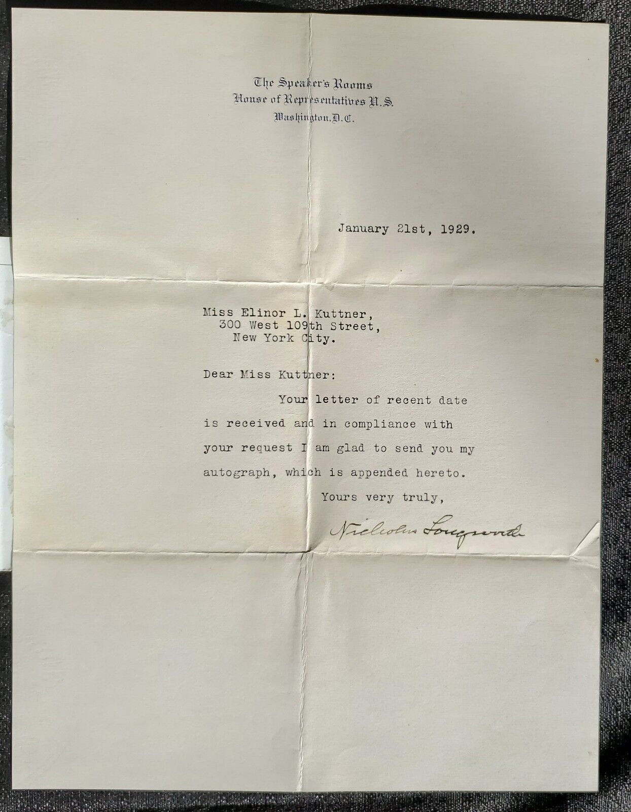 1929 Nicholas Longworth US Congress Speaker of the House Autograph Letter