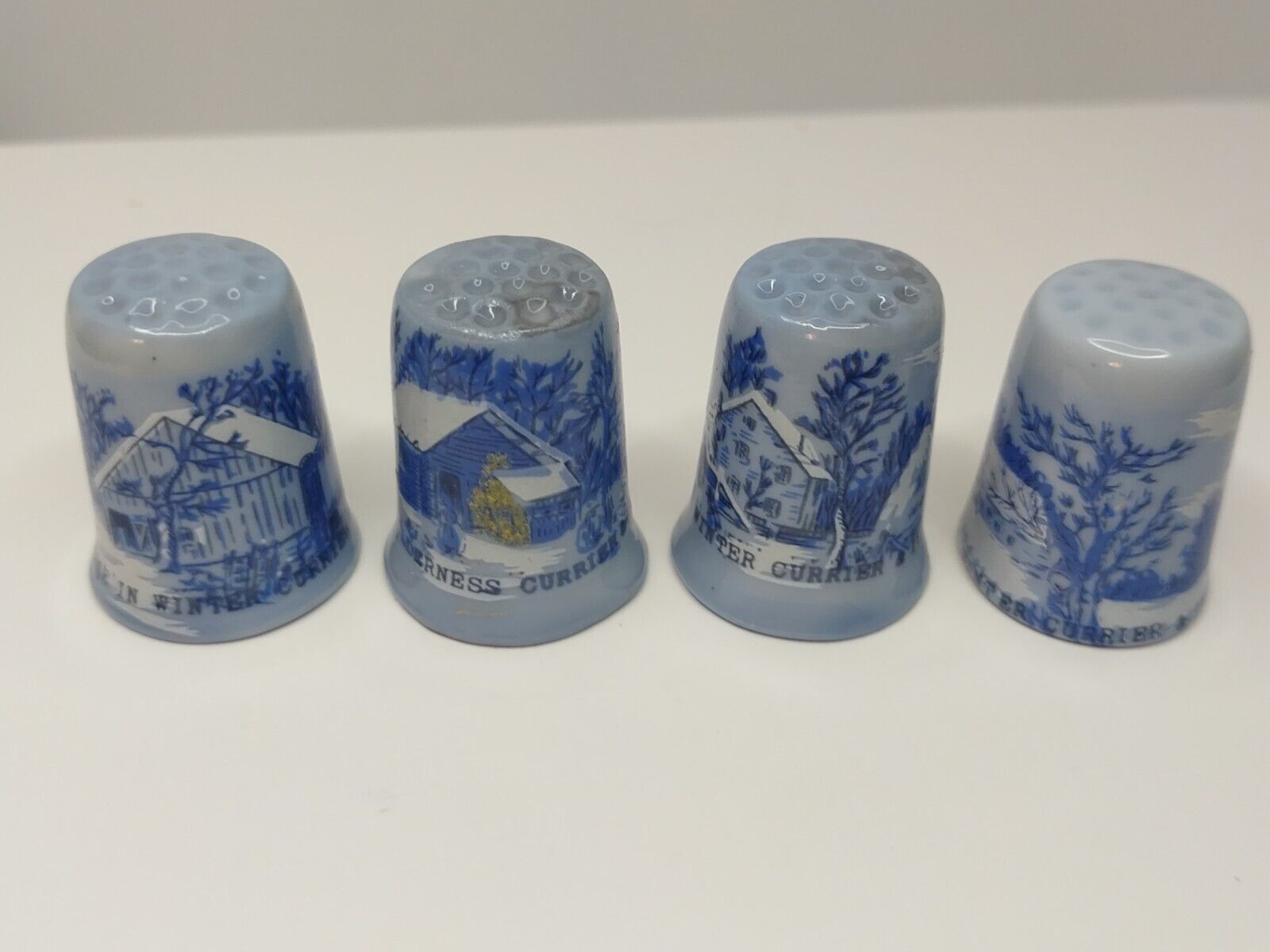 Vintage Currier And Ives Thimbles Porcelain Set of 4 Christmas blue & white