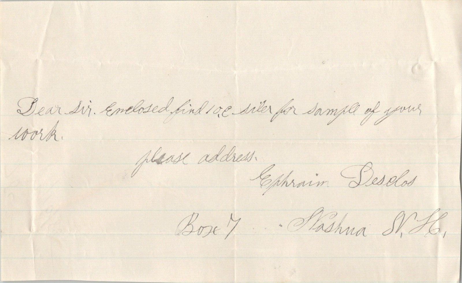 Handwritten Letter Ephraim Desdos Nashua NH new hampshire 1885 Paper Ephemera