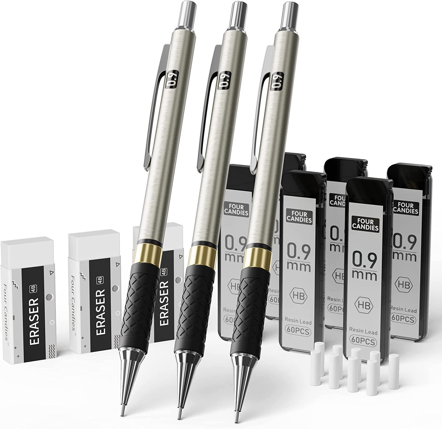 Metal Mechanical Pencil Set - 3PCS 0.9Mm Art Mechanical Pencils & 360PCS HB Lead